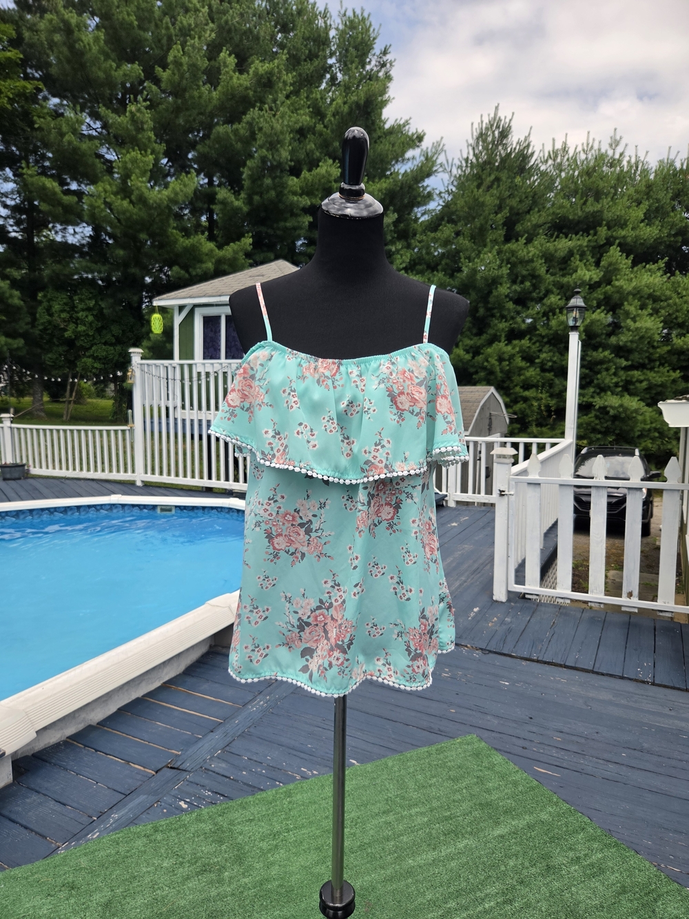Floral Ruffle Cami Top in Aqua